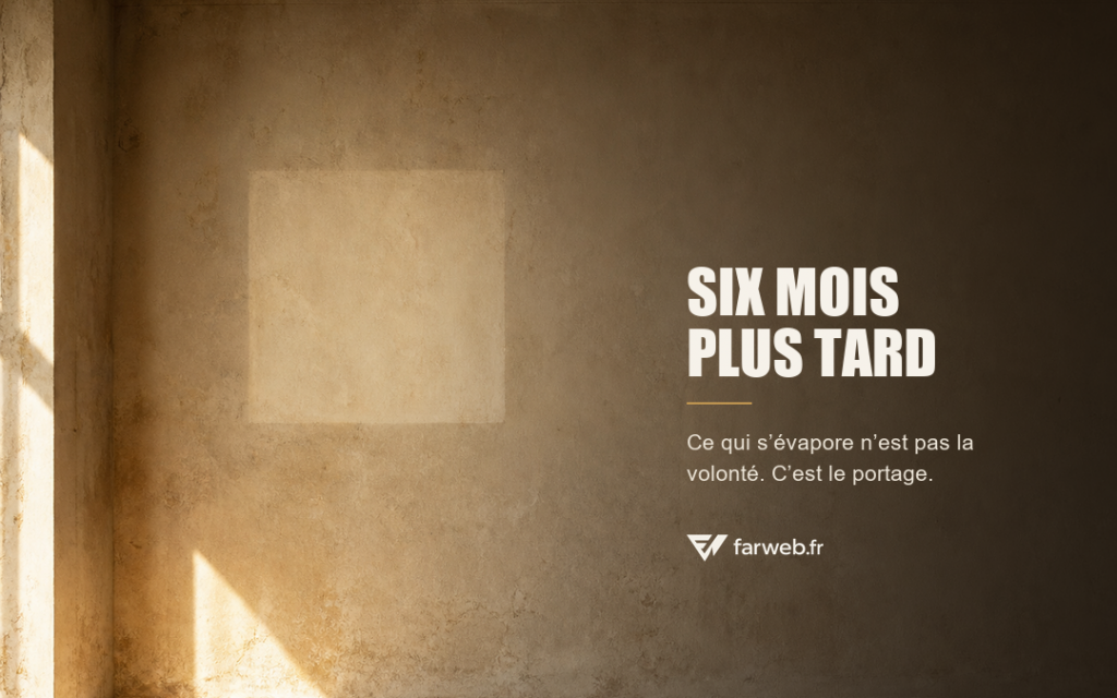 Sur un mur patiné, un rectangle plus clair marque l’emplacement de ce qui a été décroché.