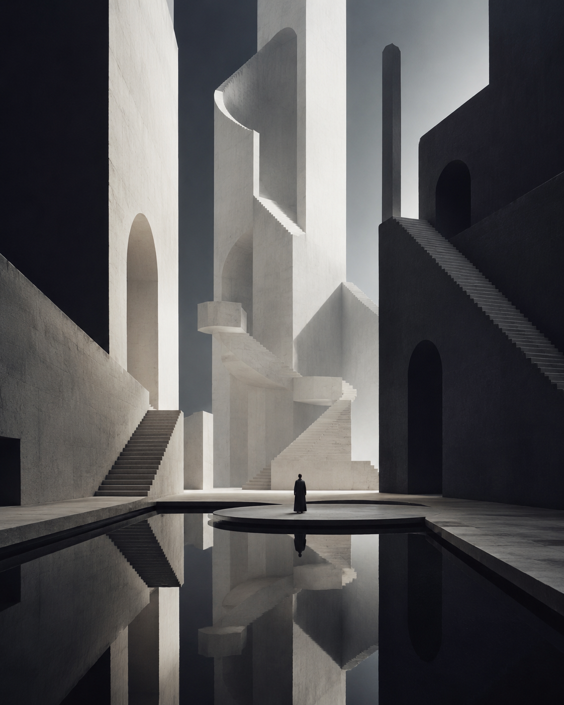 Architecture brutaliste en b&eacute;ton, escaliers et bassin r&eacute;fl&eacute;chissant, image g&eacute;n&eacute;r&eacute;e par IA