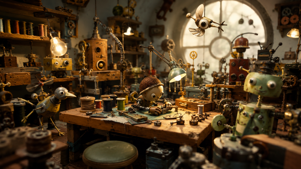 Petit personnage-artisan assemblant à la main dans un atelier encombré, image générée par IA