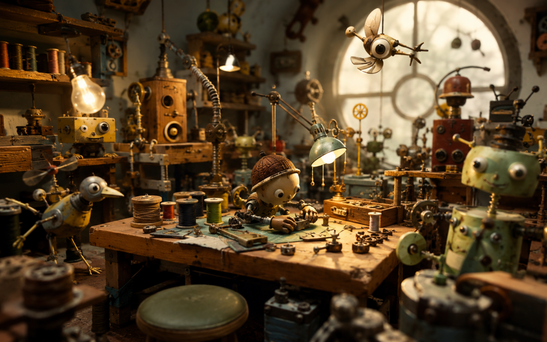 Petit personnage-artisan assemblant à la main dans un atelier encombré, image générée par IA