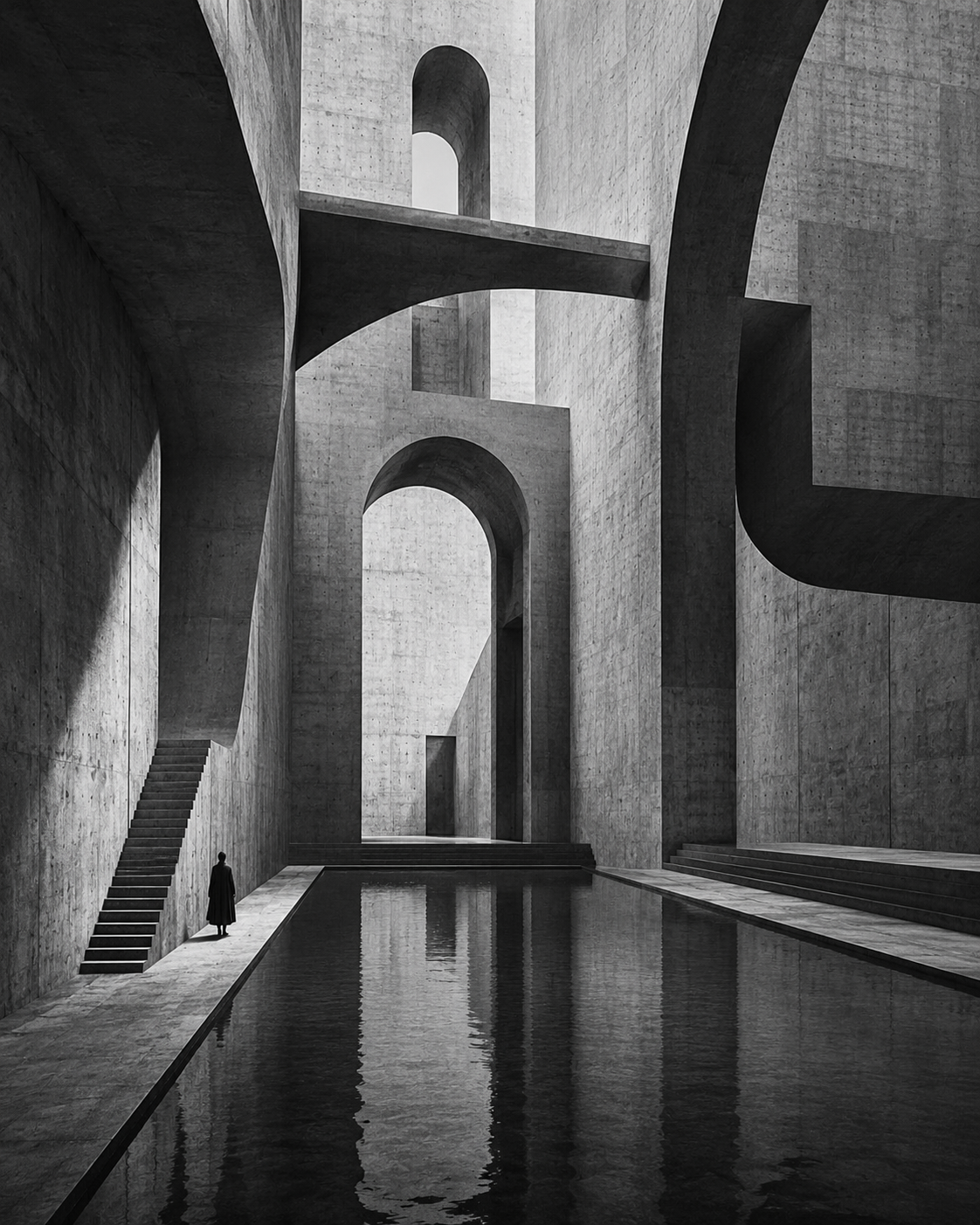 Int&eacute;rieur monumental en b&eacute;ton avec arches et bassin, image g&eacute;n&eacute;r&eacute;e par IA