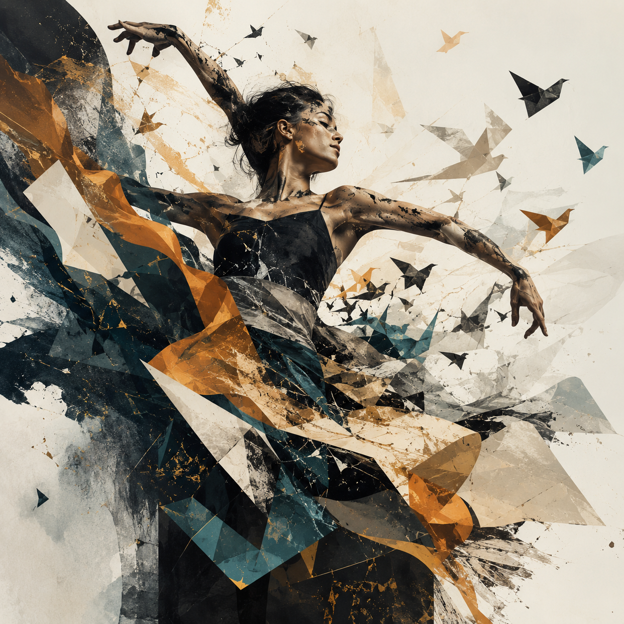 Danseuse se dissolvant en &eacute;clats g&eacute;om&eacute;triques et oiseaux d&rsquo;origami, image g&eacute;n&eacute;r&eacute;e par IA