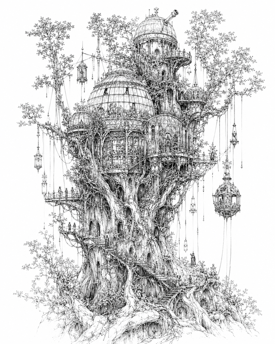 Cabane-arbre fantastique dessin&eacute;e &agrave; l&rsquo;encre noire, image g&eacute;n&eacute;r&eacute;e par IA