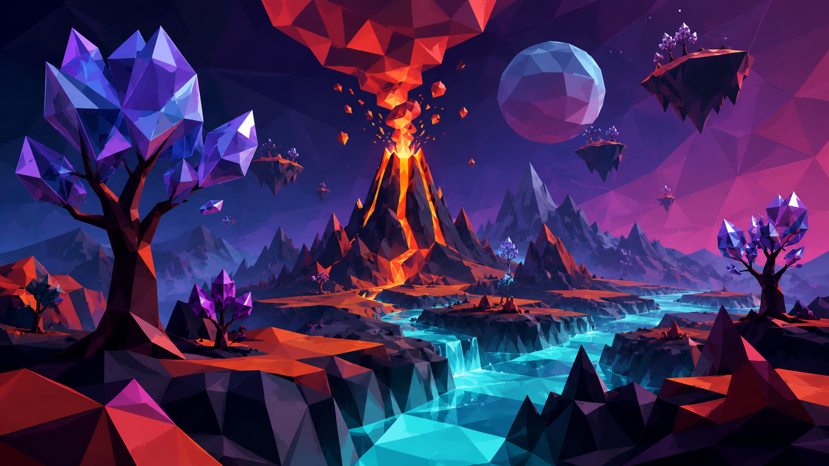 Paysage stylis&eacute; low poly avec volcan, arbres de cristal et &icirc;les flottantes, image g&eacute;n&eacute;r&eacute;e par IA