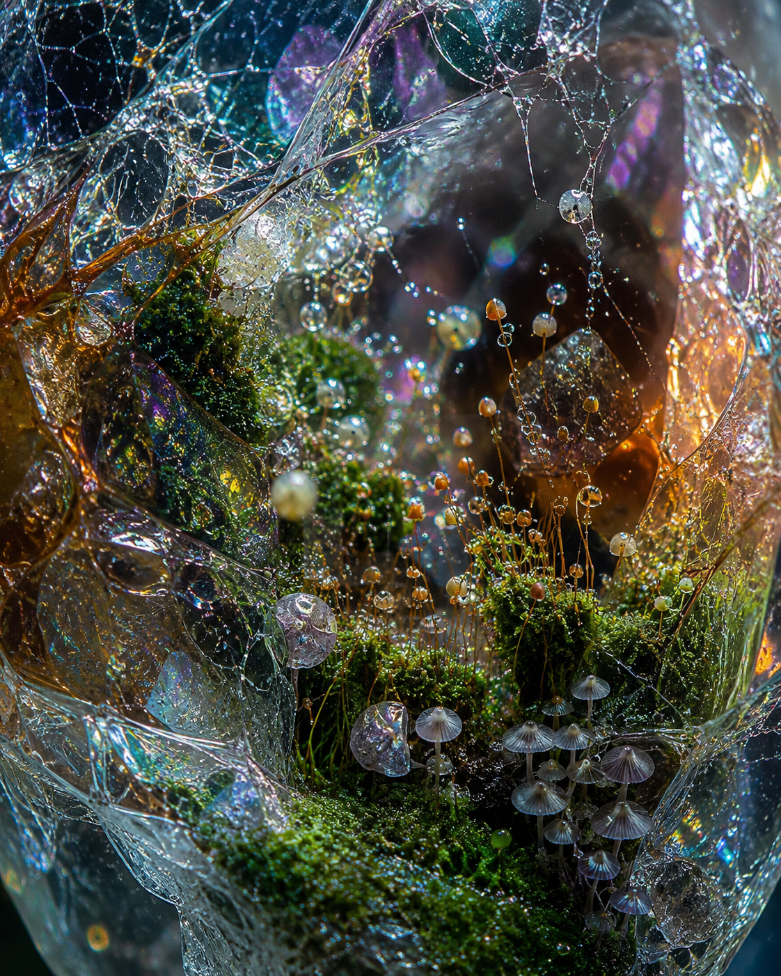 Macrophotographie de mousse et minuscules champignons sous une membrane iris&eacute;e, image g&eacute;n&eacute;r&eacute;e par IA