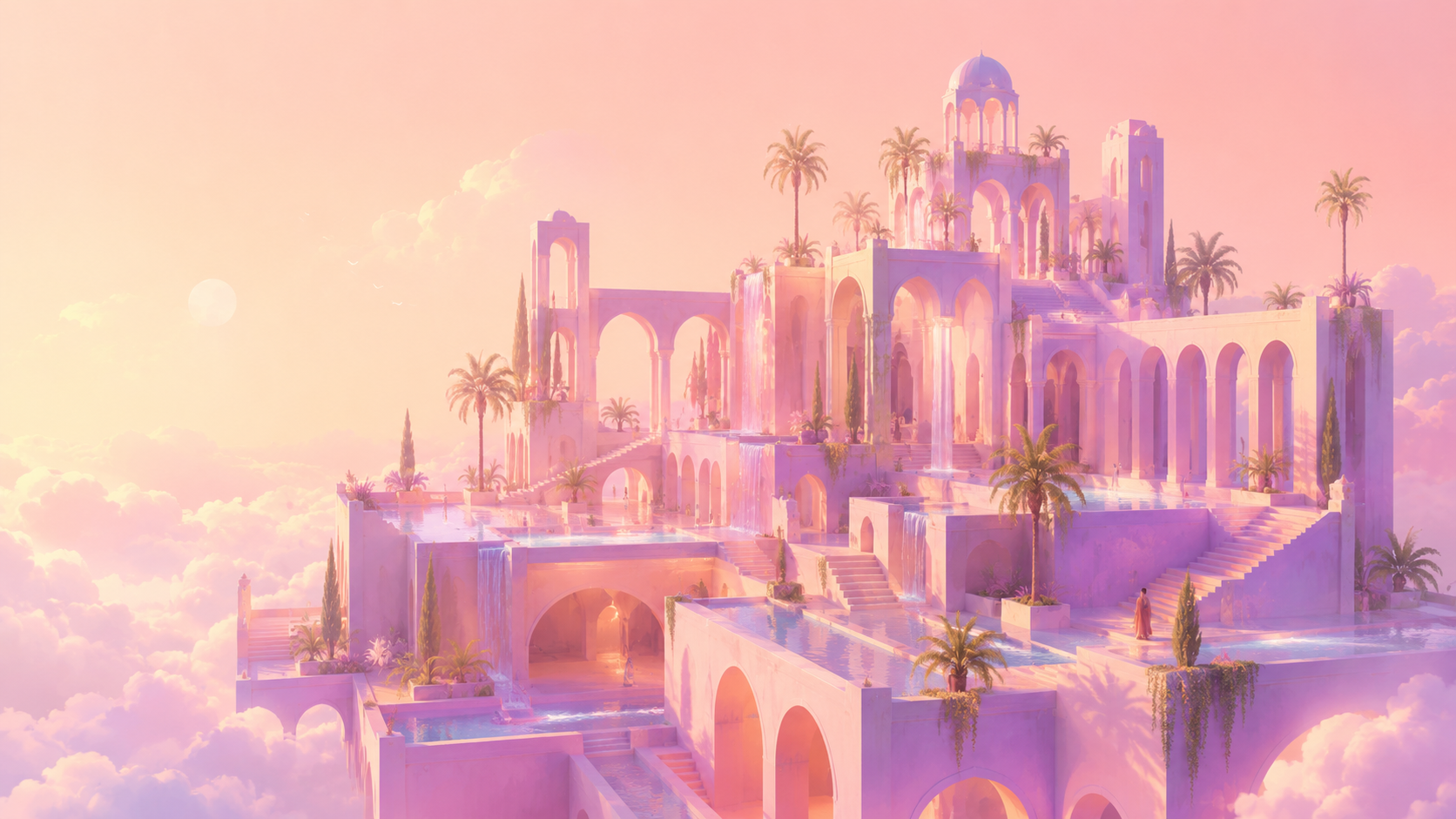 Palais flottant aux teintes pastel dans des nuages roses, image g&eacute;n&eacute;r&eacute;e par IA