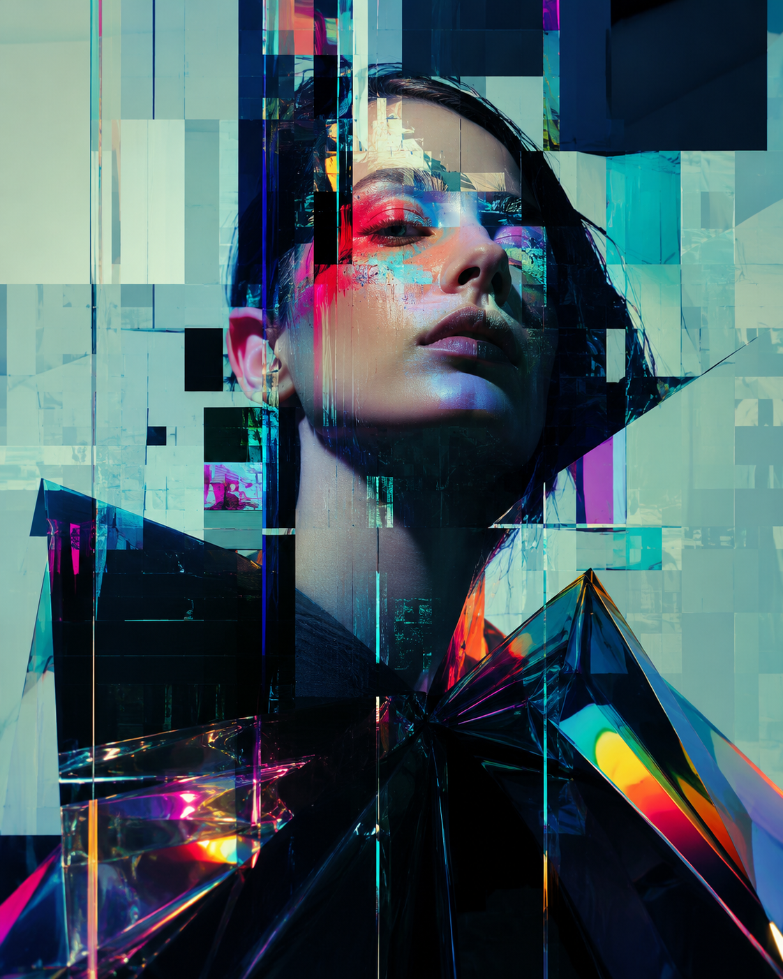 Portrait de femme fragment&eacute; en blocs de pixels et &eacute;clats prismatiques, image g&eacute;n&eacute;r&eacute;e par IA