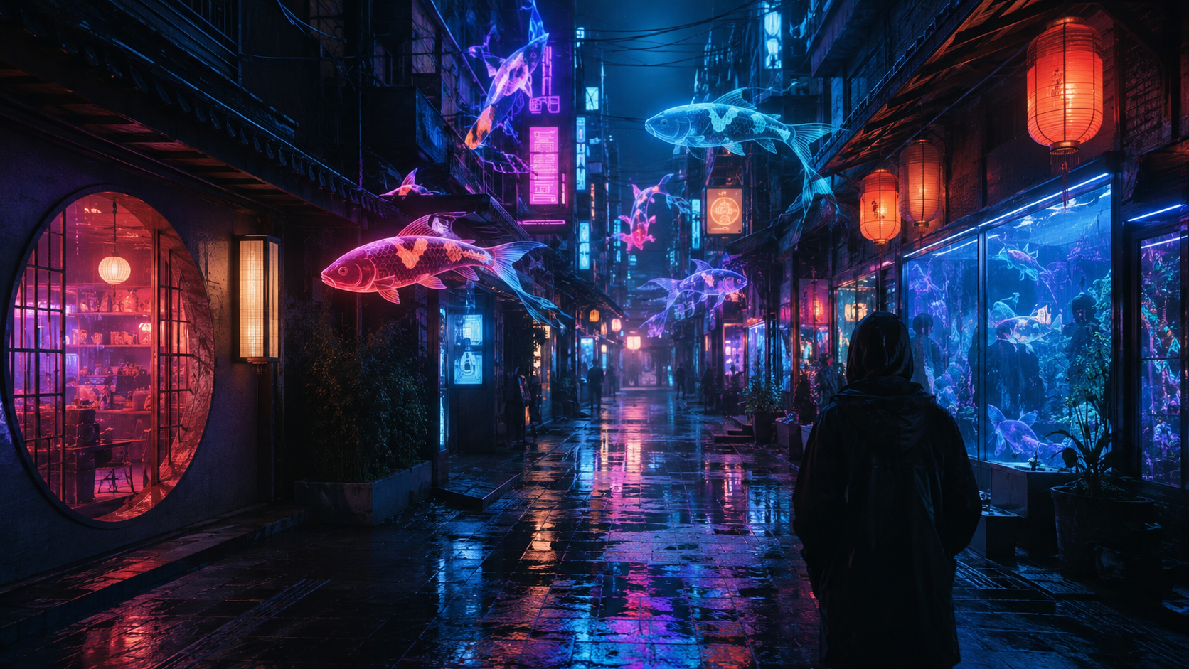 Ruelle cyberpunk sous la pluie avec carpes ko&iuml; holographiques et n&eacute;ons, image g&eacute;n&eacute;r&eacute;e par IA
