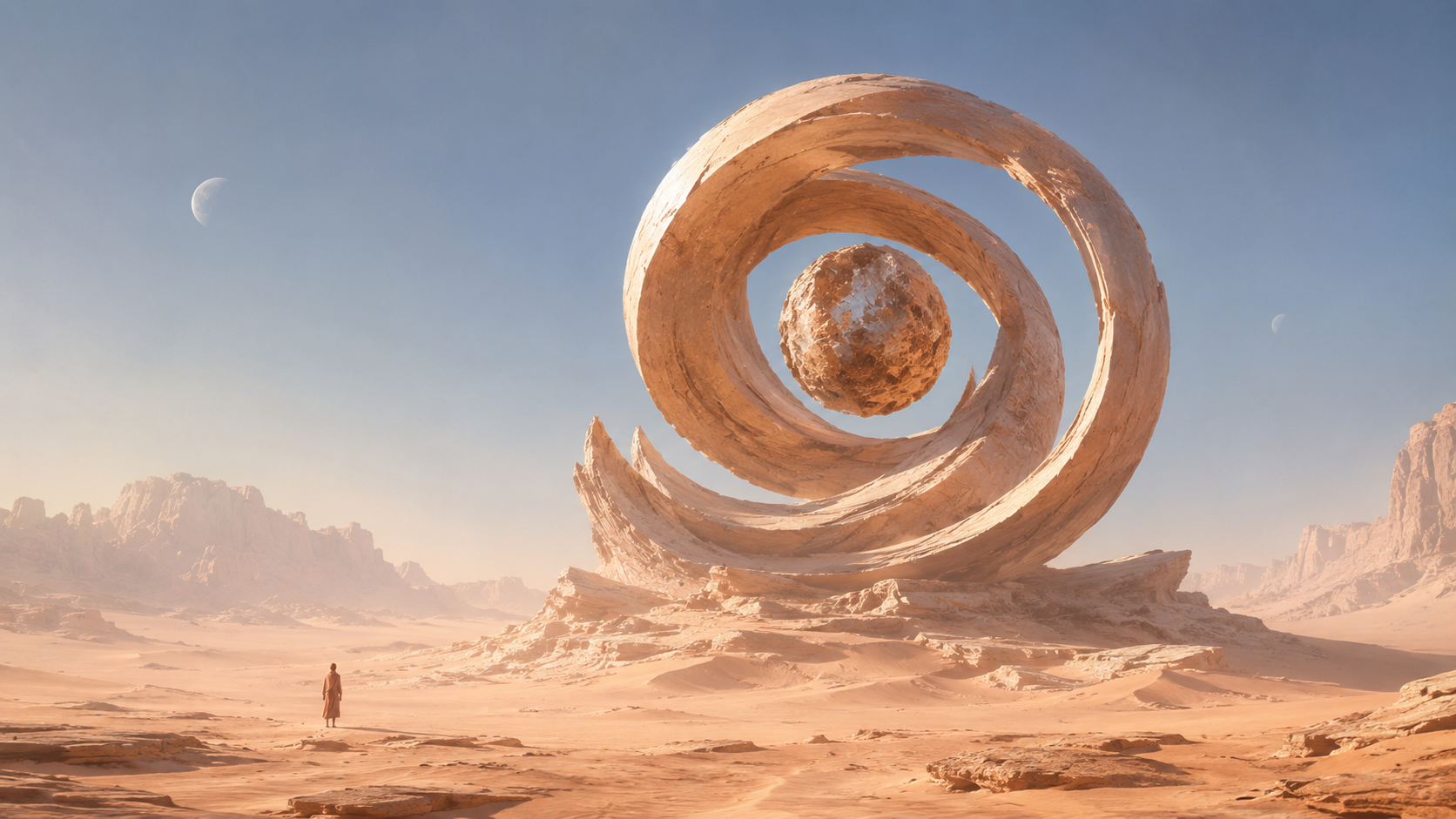 Spirale de pierre monumentale enroul&eacute;e autour d&rsquo;une sph&egrave;re dans un d&eacute;sert, image g&eacute;n&eacute;r&eacute;e par IA