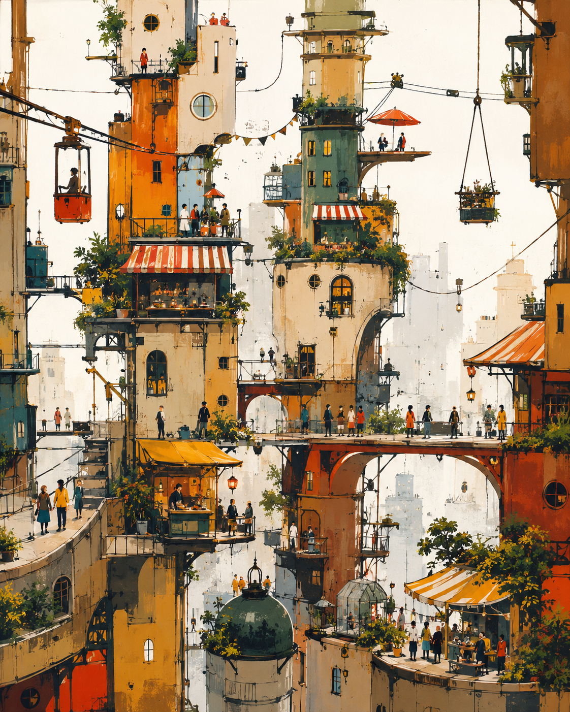 Ville verticale foisonnante aux tons ocre avec t&eacute;l&eacute;ph&eacute;riques, image g&eacute;n&eacute;r&eacute;e par IA