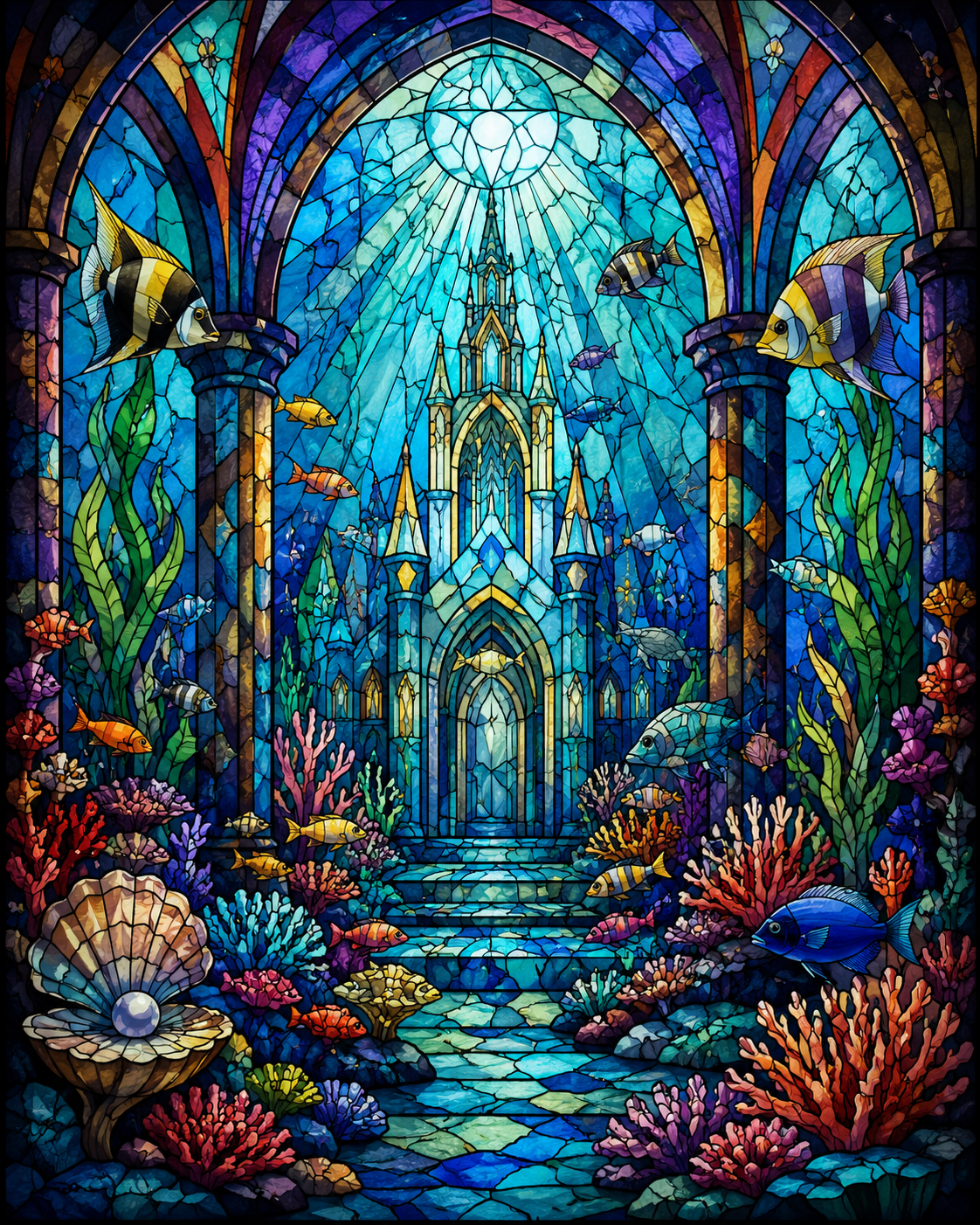 Cath&eacute;drale sous-marine en vitrail entour&eacute;e de poissons et de coraux, image g&eacute;n&eacute;r&eacute;e par IA