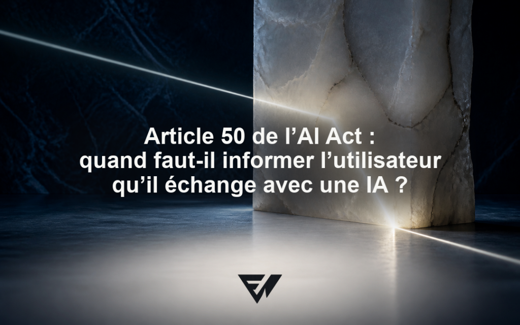 Composition abstraite bleu nuit et albâtre traversée par une ligne lumineuse, avec une question sur le signalement de l’IA dans un chatbot