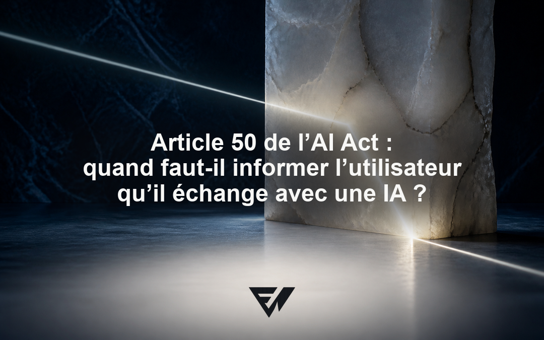 Composition abstraite bleu nuit et albâtre traversée par une ligne lumineuse, avec une question sur le signalement de l’IA dans un chatbot