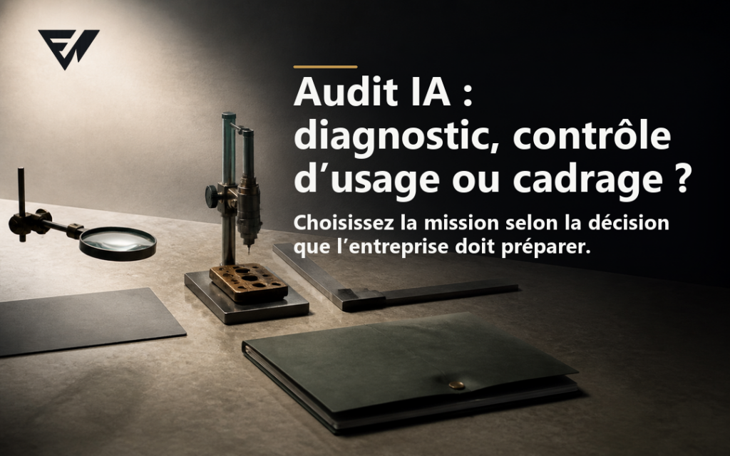 Une lentille, un instrument de contrôle et une équerre conduisent vers un dossier de décision, avec le titre « Audit IA : diagnostic, contrôle d’usage ou cadrage ? »