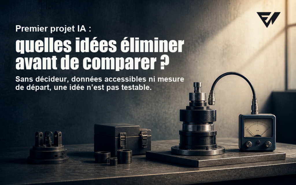 Deux prototypes incomplets sont écartés tandis qu’un troisième est relié à un instrument de mesure, avec le titre « Premier projet IA : quelles idées éliminer avant de comparer ? »