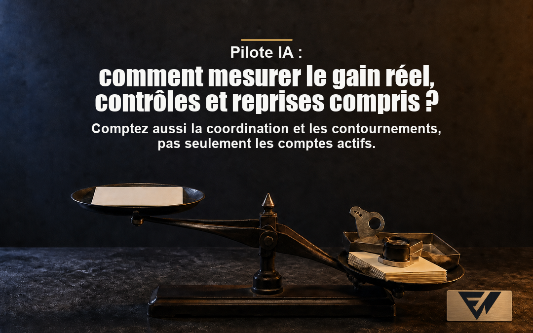 Une balance place une sortie produite par l’IA sur un plateau et le poids des contrôles et des reprises sur l’autre, avec le titre « Pilote IA : comment mesurer le gain réel, contrôles et reprises compris ? »