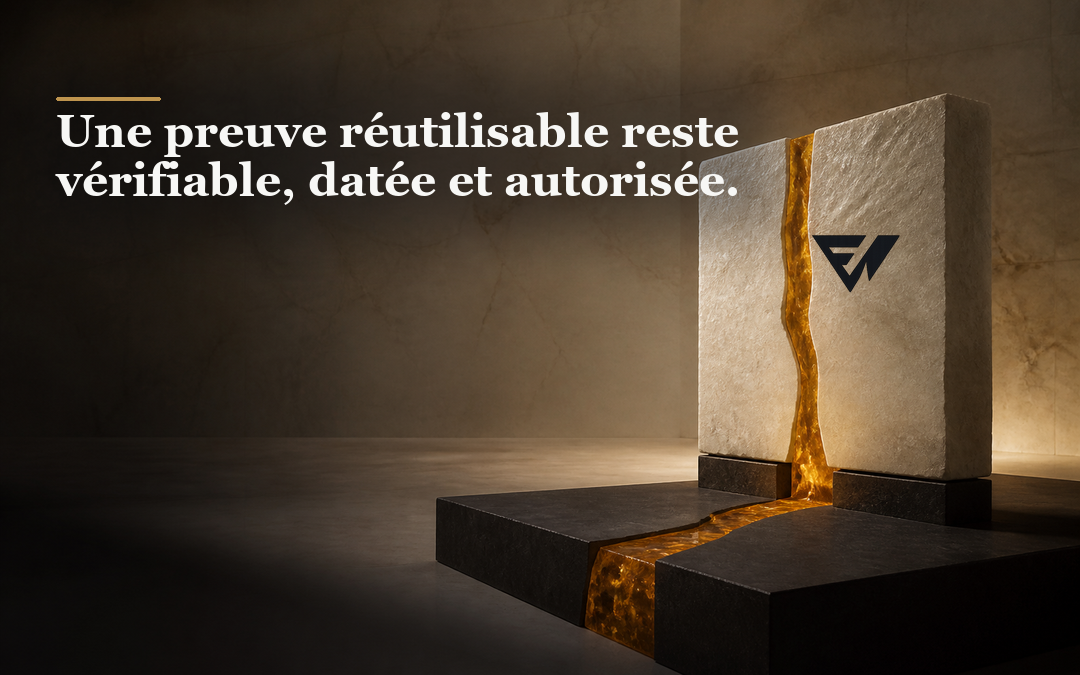 Plaque minérale claire reliée à un socle sombre par une veine d’ambre continue, symbole d’une preuve dont l’origine reste visible.