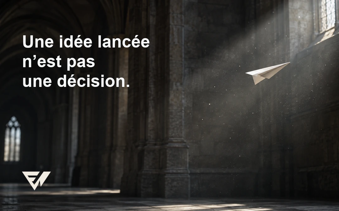 Avion de papier blanc en plein vol dans un rayon de lumière, au milieu d’un grand hall sombre