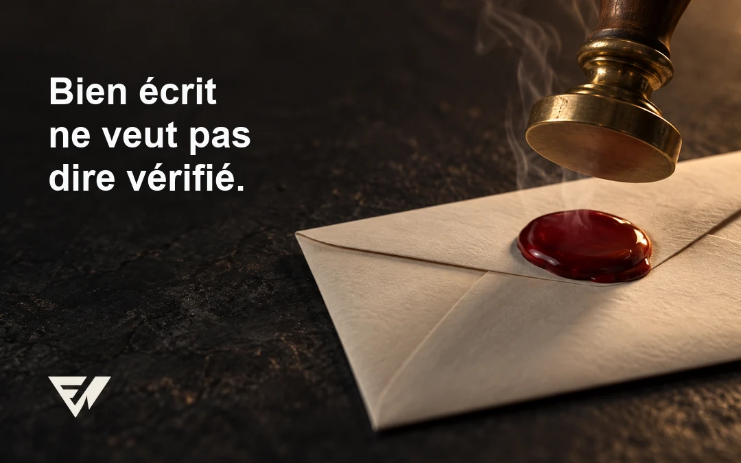 Cachet de cire rouge suspendu au-dessus d’une enveloppe vierge, juste avant d’être apposé