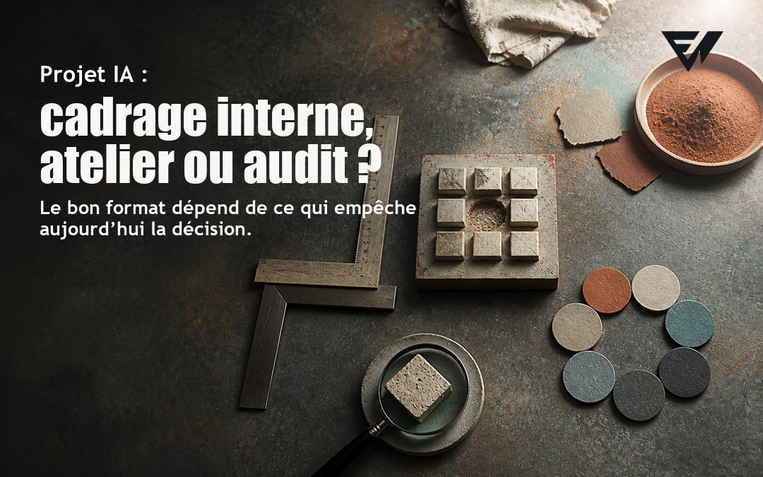 Un cadre de mesure, un cercle de jetons et une lentille entourent le titre « Projet IA : cadrage interne, atelier ou audit ? ».