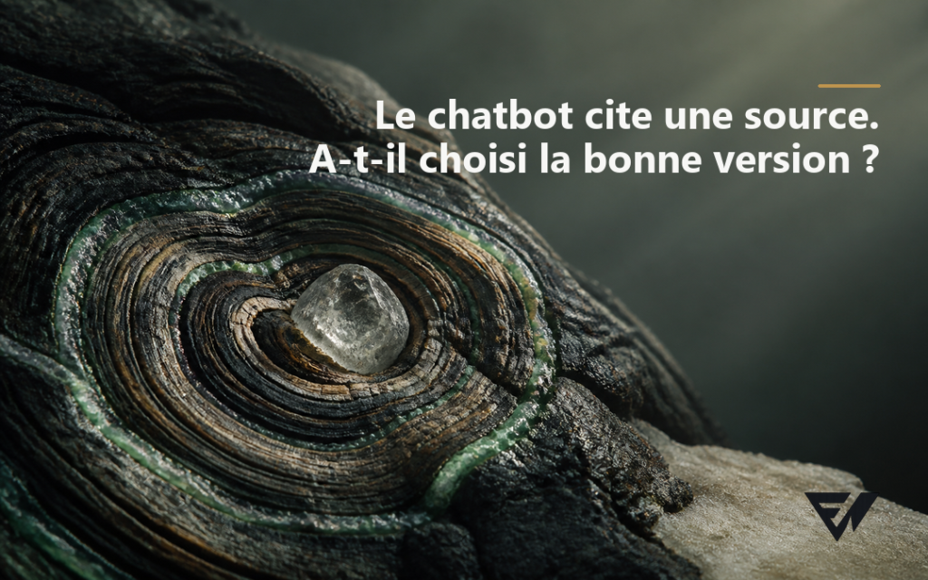 Gros plan d’une section de bois sombre aux anneaux minéralisés, avec un cristal clair au centre.