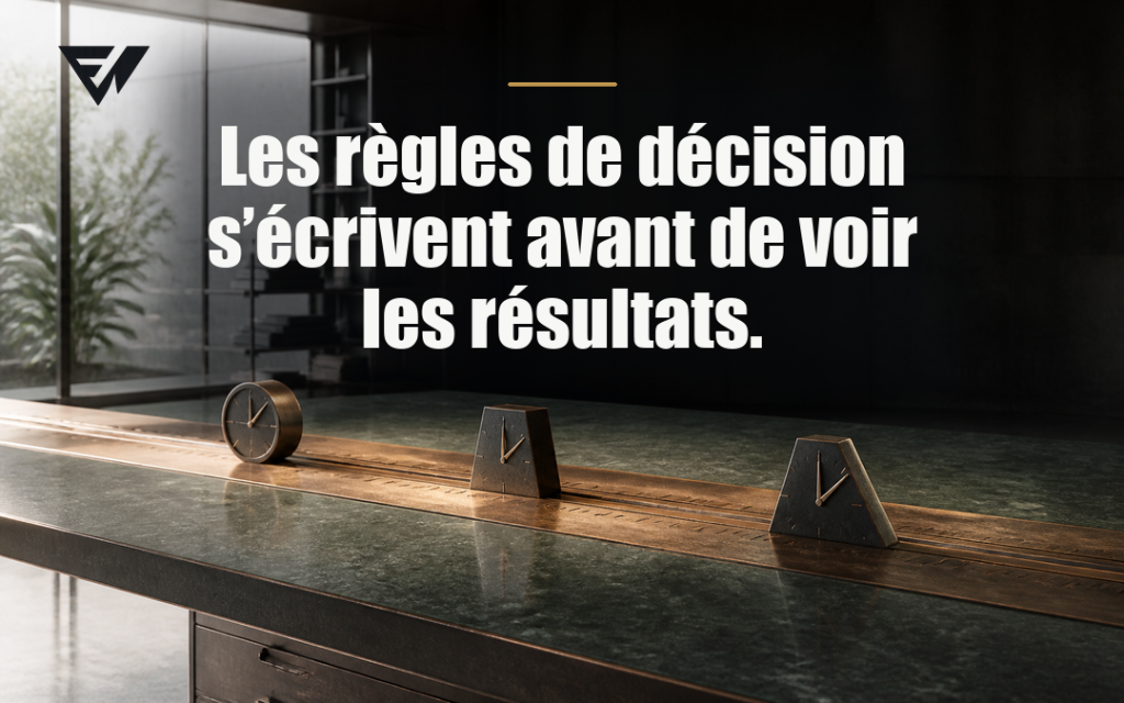 Une règle graduée et trois repères symbolisent les seuils de décision d’un pilote IA à 90 jours.