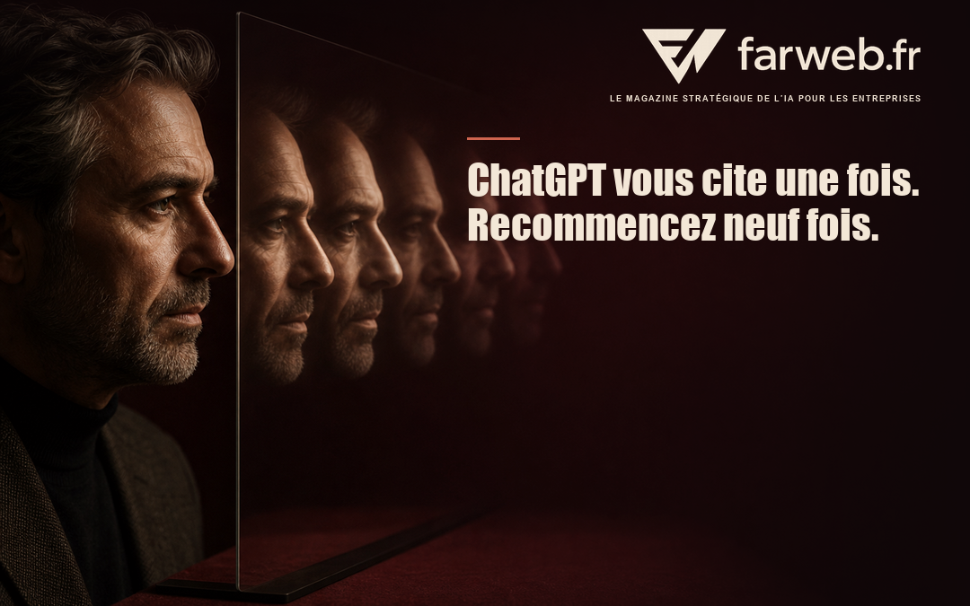 ChatGPT cite-t-il votre site ? Vérifiez-le en 10 essais Un homme de profil observe trois reflets successifs dans une vitre, illustration de dix essais pour vérifier si ChatGPT cite une entreprise.