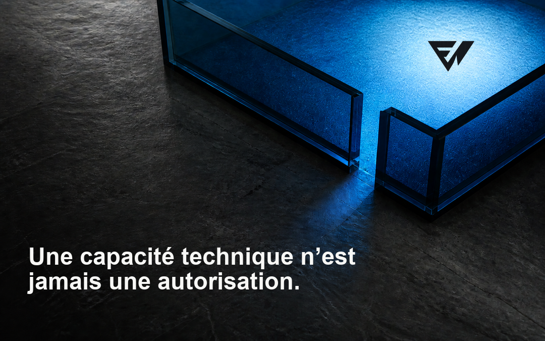 Enceinte en verre fumé contenant une matière bleue, avec une seule ouverture calibrée qui matérialise une autorisation limitée.