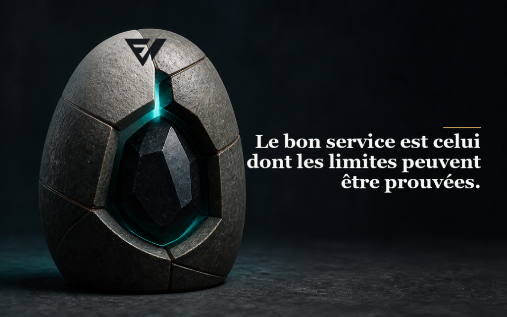 Noyau d’obsidienne contenu dans une coque minérale épaisse dont les joints et l’unique passage de lumière restent visibles.