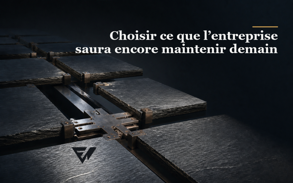 Modules d’ardoise reliés par des assemblages métalliques accessibles, métaphore d’une solution d’IA que l’entreprise peut maintenir.