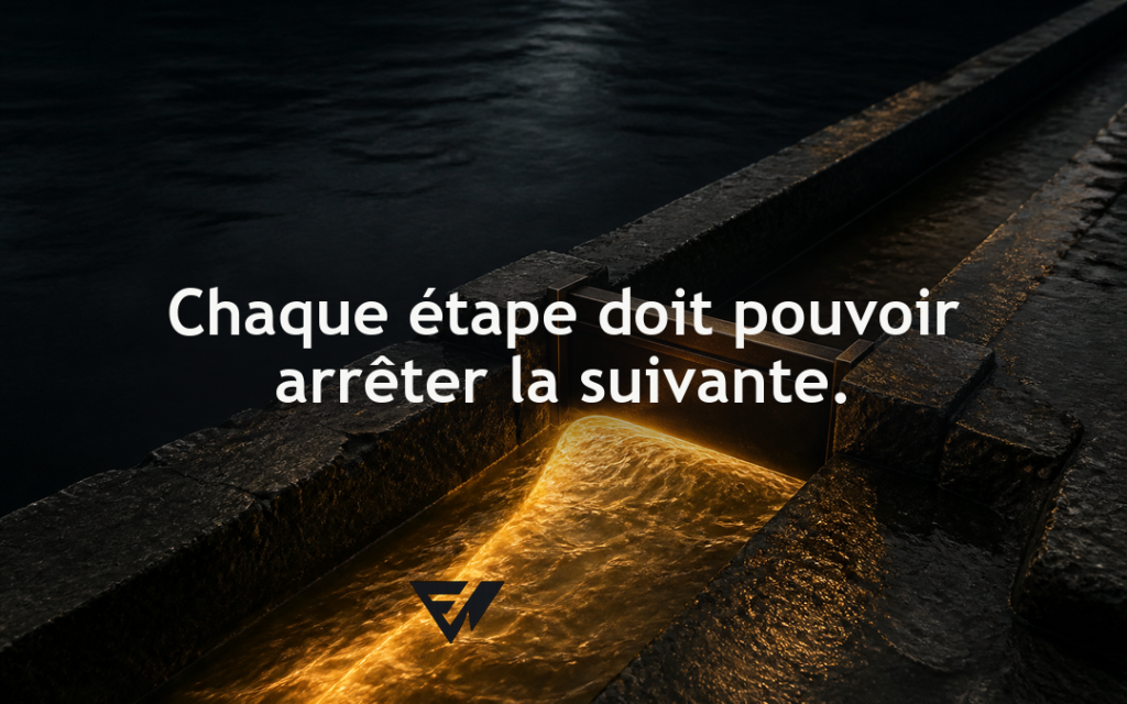 Onde de lumière ambrée arrêtée par une vanne transversale dans un canal de pierre noire.