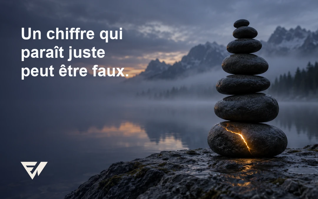 Cairn de galets en équilibre au bord d’un lac, fissuré à sa base
